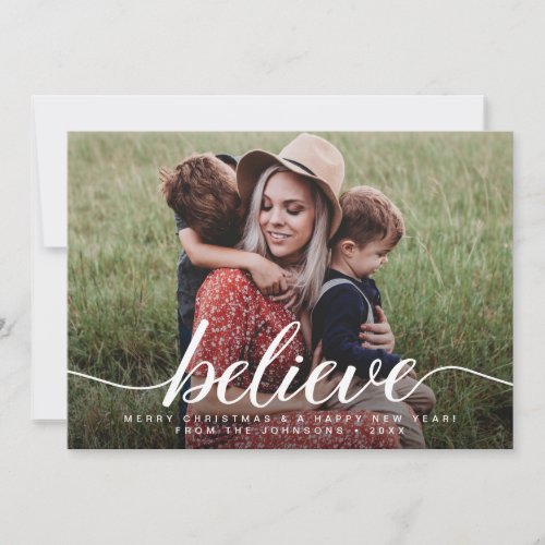 Believe Merry Christmas Modern Photo Holiday Card