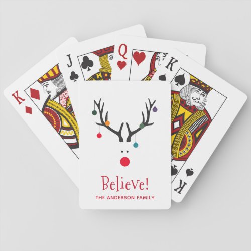 Believe modern funny Christmas reindeer white Playing Cards