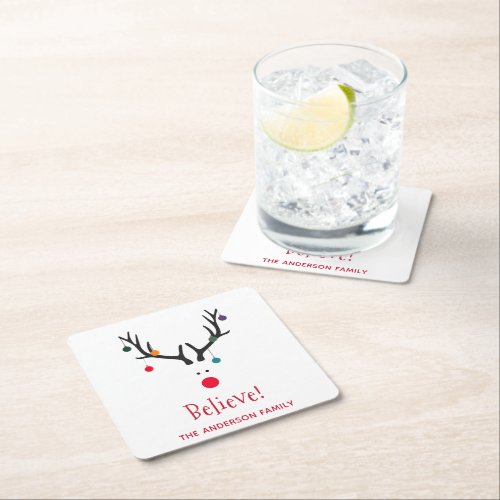 Believe modern funny Christmas reindeer white Square Paper Coaster