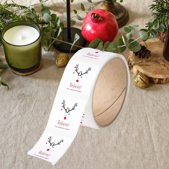 Believe modern funny Christmas reindeer white Square Sticker (Creator Uploaded)