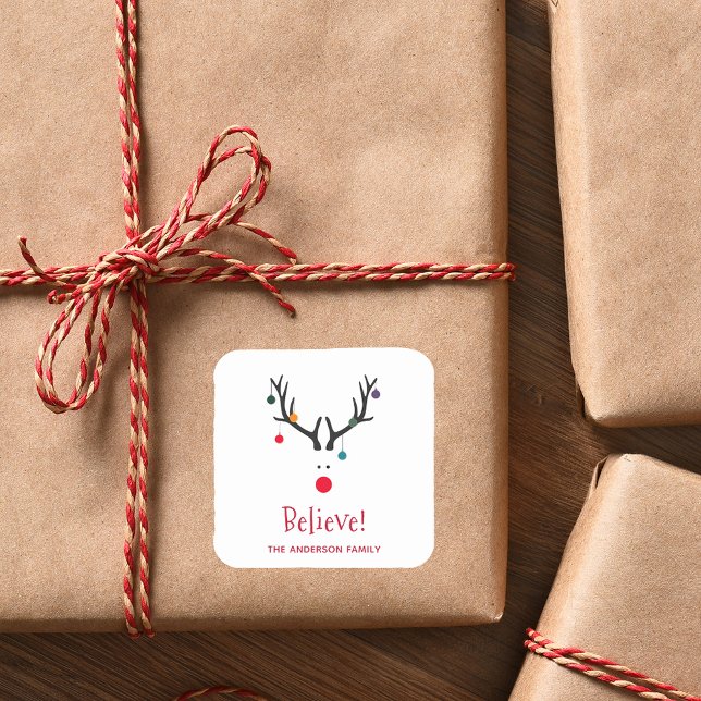 Believe modern funny Christmas reindeer white Square Sticker (Creator Uploaded)
