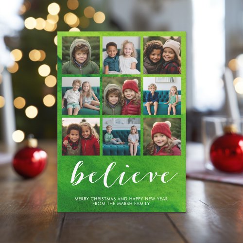 Believe _ Modern Green Watercolor and 9 Photos Holiday Card