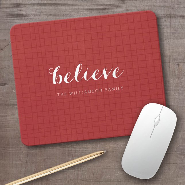 Believe - Modern Merry Christmas Red Mouse Pad (Christmas Theme Mousepad)