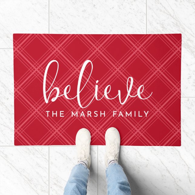 Believe - Modern Merry Christmas Red Plaid Doormat (Indoor)