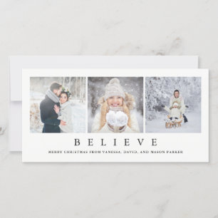 Believe Modern Minimalist Christmas Three Photos Holiday Card