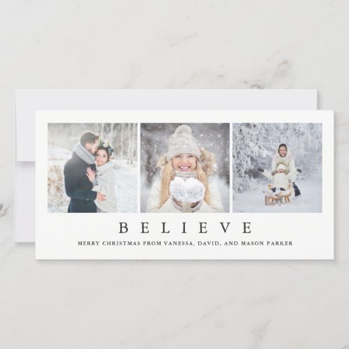Believe  Modern Minimalist Christmas Three Photos Holiday Card