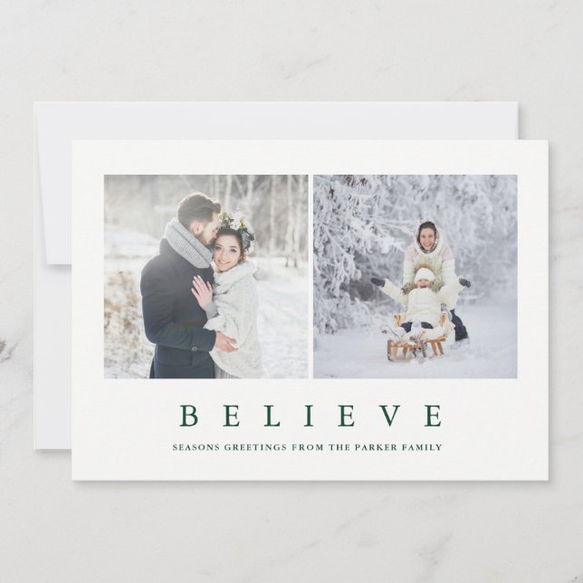 Believe | Modern Minimalist Two Photo Holiday Card (Front)