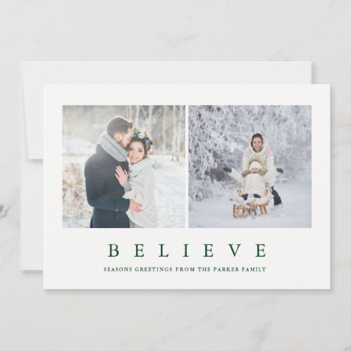 Believe  Modern Minimalist Two Photo Holiday Card