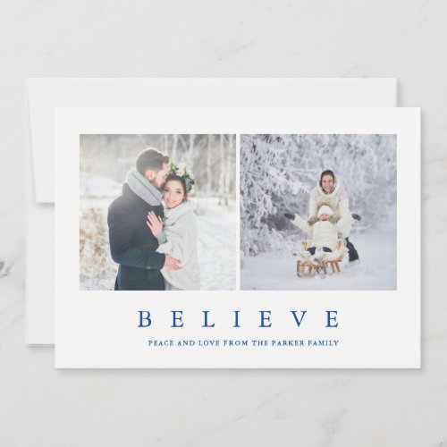 Believe  Modern Minimalist Two Photo Holiday Card