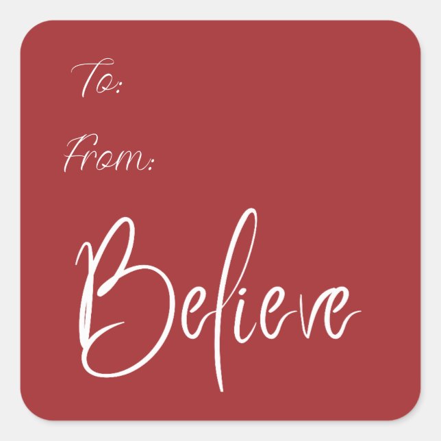 Believe Modern Red Holiday Gift Square Sticker (Front)