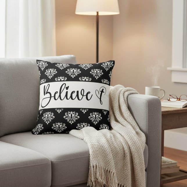Believe Modern Script Black White Damask Christian Throw Pillow (Believe Modern Script Black White Damask Christian Throw Pillow)