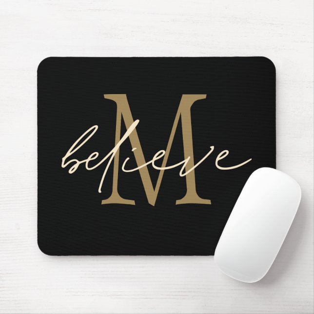 Believe Motivational Black Gold Initial Monogram Mouse Pad (With Mouse)