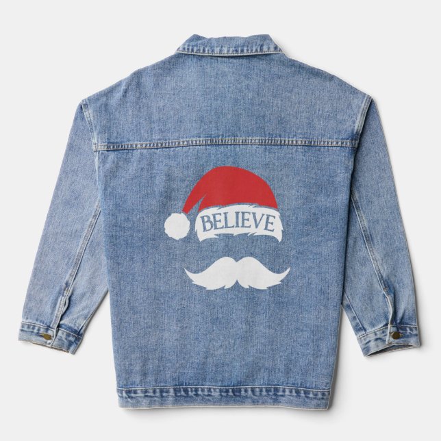 Believe Mustache Santa Hat Cap Family Christmas Fu Denim Jacket (Back)