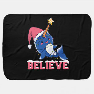 Believe Narwhal Christmas Snow Fairy Lights Baby Blanket