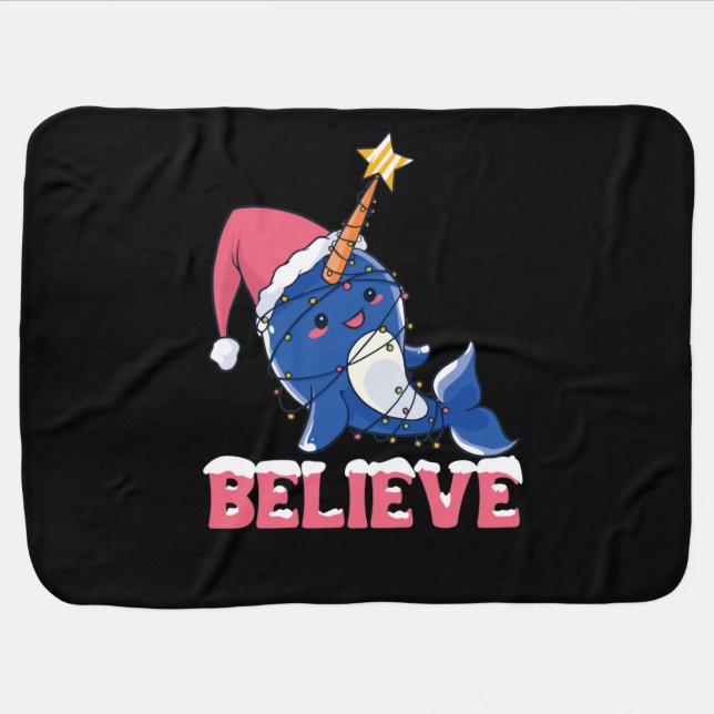 Believe Narwhal Christmas Snow Fairy Lights Baby Blanket (Horizontal)