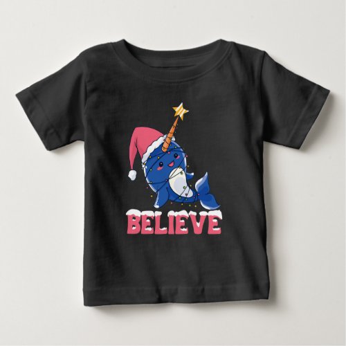 Believe Narwhal Christmas Snow Fairy Lights Baby T_Shirt