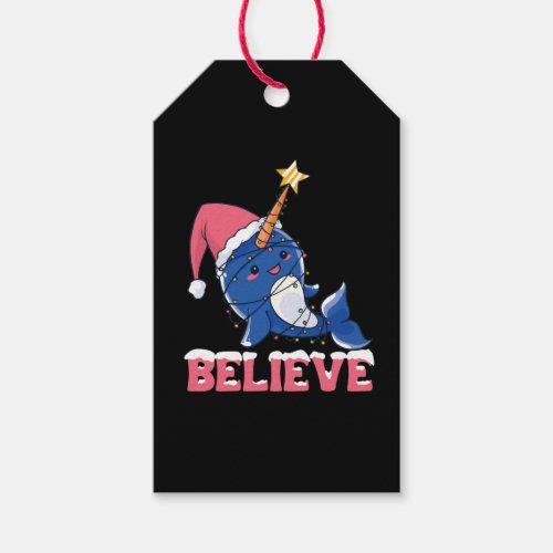 Believe Narwhal Christmas Snow Fairy Lights Gift Tags