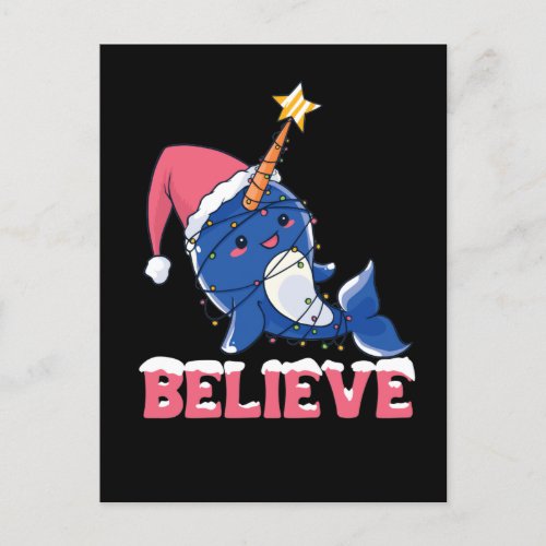 Believe Narwhal Christmas Snow Fairy Lights Holiday Postcard