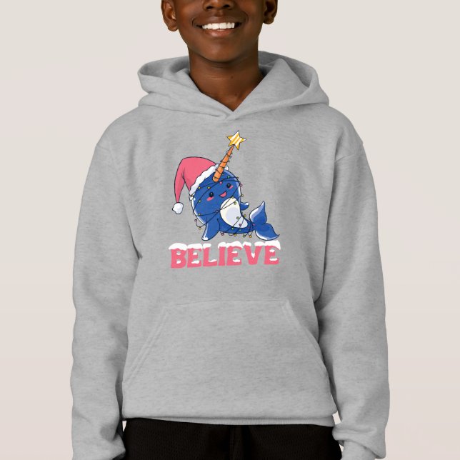 Believe Narwhal Christmas Snow Fairy Lights Hoodie (Front)