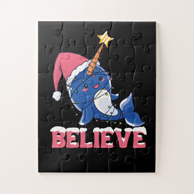 Believe Narwhal Christmas Snow Fairy Lights Jigsaw Puzzle (Vertical)