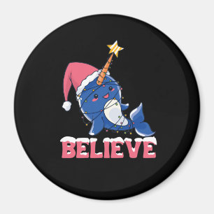 Believe Narwhal Christmas Snow Fairy Lights Magnet
