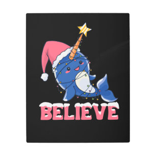 Believe Narwhal Christmas Snow Fairy Lights Metal Print
