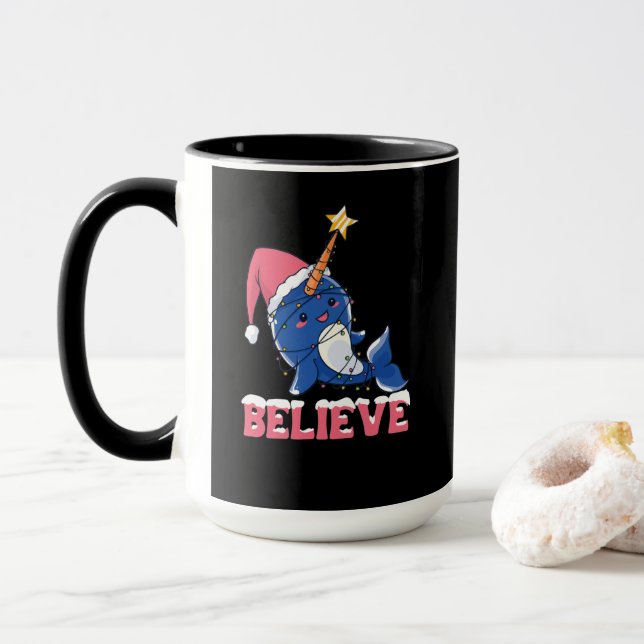 Believe Narwhal Christmas Snow Fairy Lights Mug (With Donut)