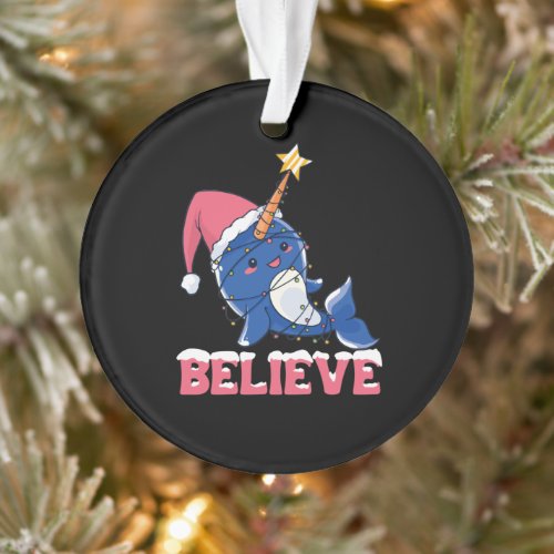 Believe Narwhal Christmas Snow Fairy Lights Ornament