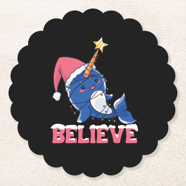 Believe Narwhal Christmas Snow Fairy Lights Paper Coaster (Front)