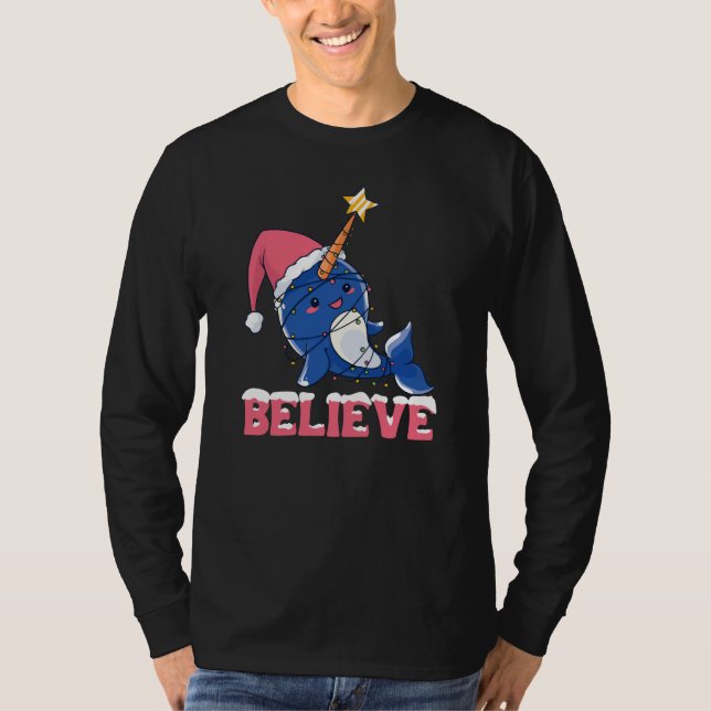 Believe Narwhal Christmas Snow Fairy Lights T-Shirt (Front)