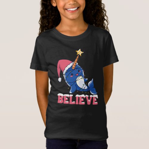 Believe Narwhal Christmas Snow Fairy Lights T_Shirt