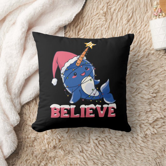 Believe Narwhal Christmas Snow Fairy Lights Throw Pillow (Blanket)