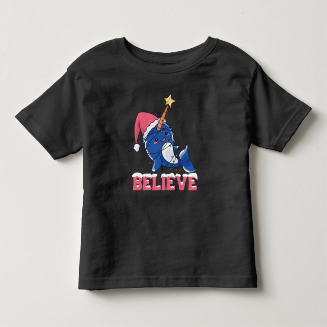 Believe Narwhal Christmas Snow Fairy Lights Toddler T-shirt (Front)