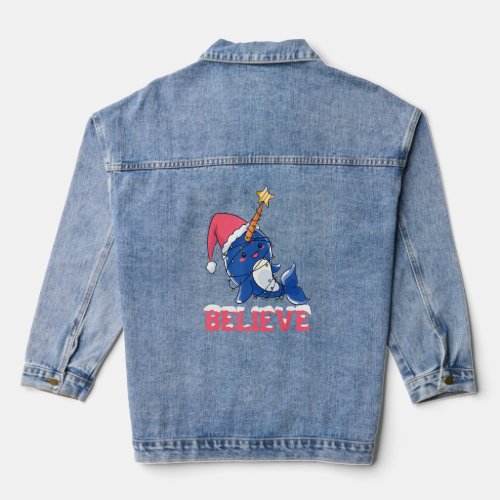 Believe Narwhal Christmas Snow With Fairy Lights  Denim Jacket