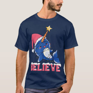Believe Narwhal Christmas Snow with Fairy Lights T-Shirt