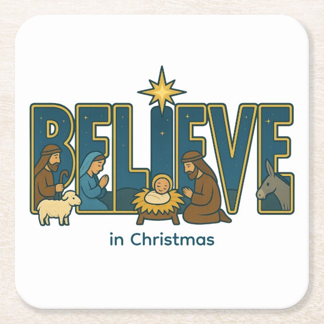 Believe nativity  square paper coaster (Front)