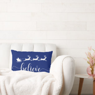 Believe   Navy Blue Christmas Holiday Lumbar Pillow