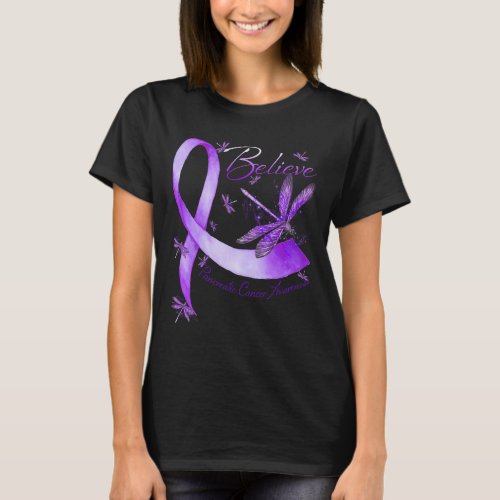 Believe Pancreatic Cancer Awareness Dragonfly Purp T_Shirt