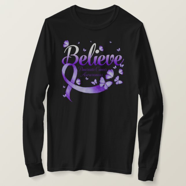 Believe PANCREATIC CANCER Butterfly T-Shirt (Design Front)