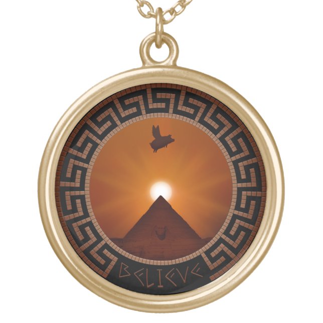 believe-pig flys near pyramid and sphinx gold plated necklace (Front)