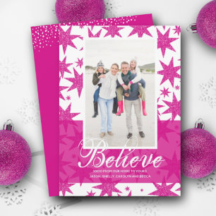 Believe Pink Glitter Stars Christmas Photo Holiday Card
