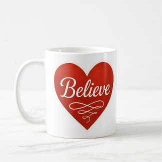 Believe red and white heart coffee mug