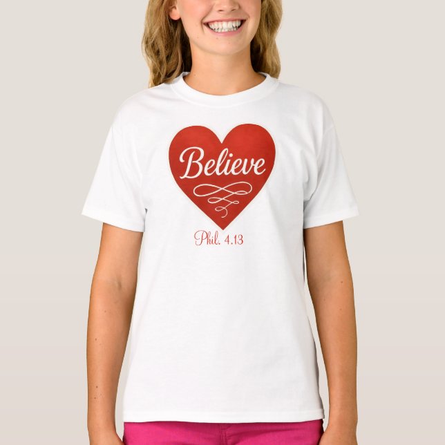 Believe red and white heart T-Shirt (Front)