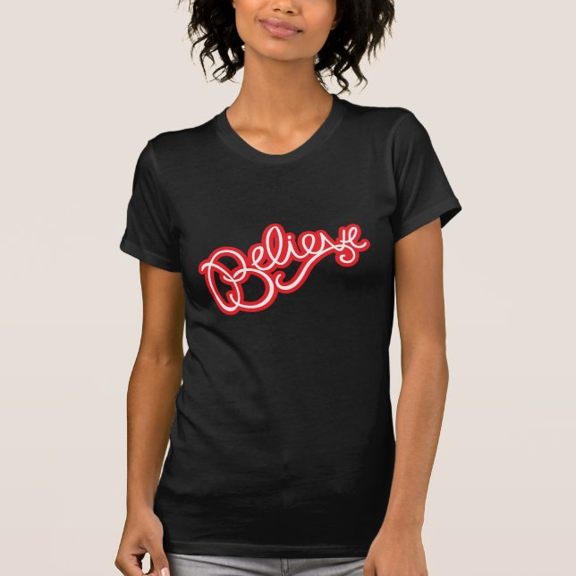 Believe red and white ladies t-shirt (Front)