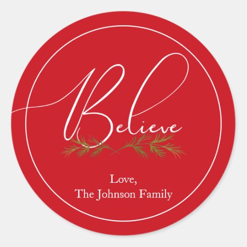 Believe Red Christmas Classic Round Sticker