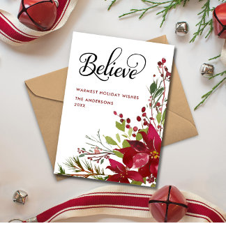 Believe Red Christmas Floral Holiday Card