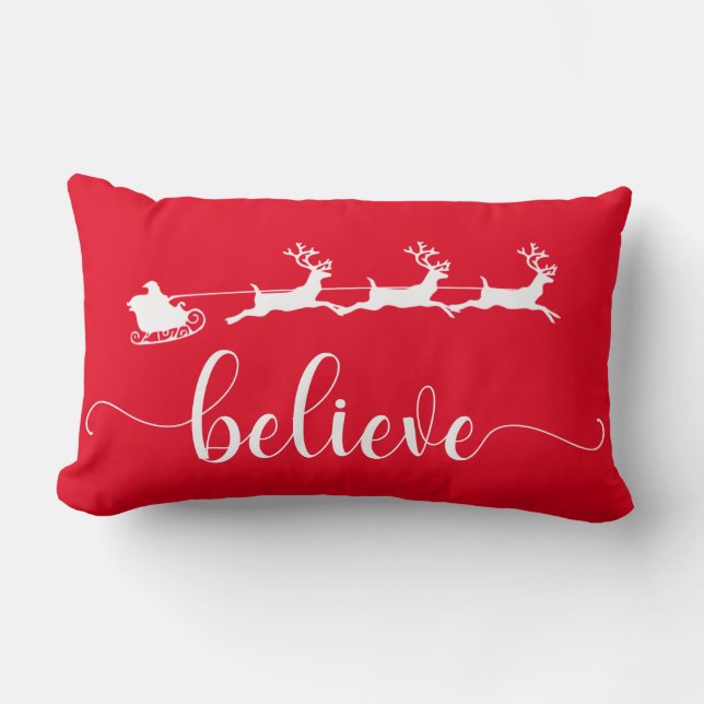 Believe | Red Christmas Holiday Lumbar Pillow (Front)