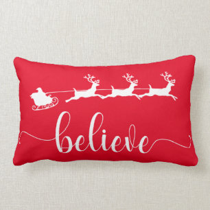 Believe Red Christmas Holiday Lumbar Pillow