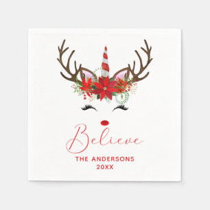 Believe Red Christmas Reindeer Unicorn Name Napkins