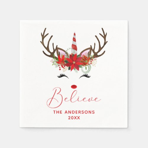 Believe Red Christmas Reindeer Unicorn Name Napkins